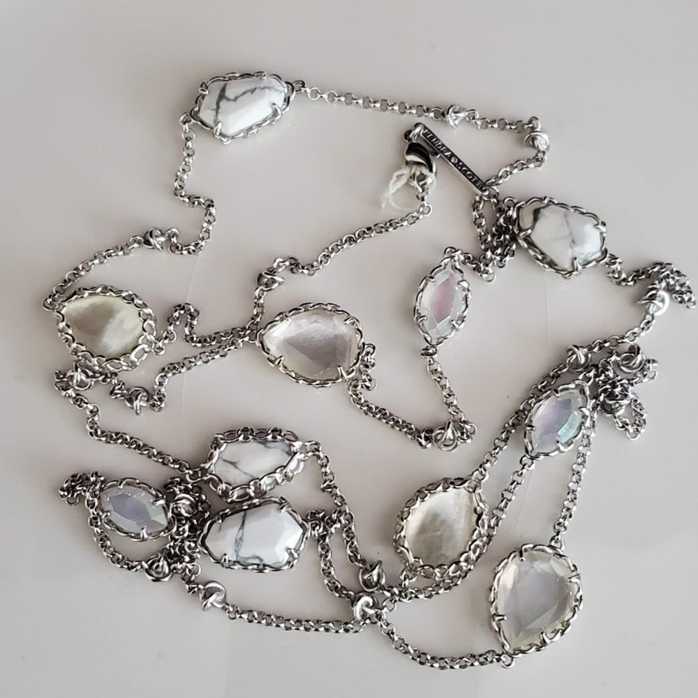 Kendra Scott Silver Plate Station Necklace White Howlite Mother of Pearl Long - Picture 2 of 7